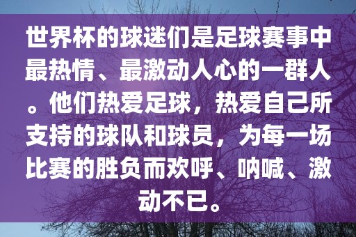世界杯的球迷们是足球赛事中最热情、最激动人心的一群人。他们热爱足球，热爱自己所支持的球队和球员，为每一场比赛的胜负而欢呼、呐喊、激动不已。漯河市盈旭机械设备有限公司