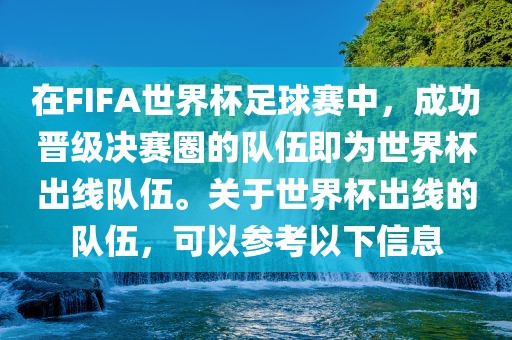 在FIFA世界杯足球赛中，成功晋级决赛圈的队伍即为世界杯出线队伍。关于世界杯出线的队伍，可以参考以下信息