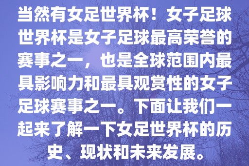 当然有女足世界杯！女子足球世界杯是女子足球最高荣誉的赛事之一，也是全球范围内最具影响力和最具观赏性的女子足球赛事之一。下面让我们一起来了解一下女足世界杯的历史、现状和未来发展。