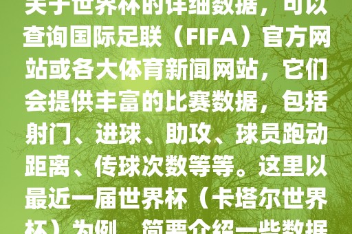 关于世界杯的详细数据，可以查询国际足联（FIFA）官方网站或各大体育新闻网站，它们会提供丰富的比赛数据，包括射门、进球、助攻、球员跑动距离、传球次数等等。这里以最近一届世界杯（卡塔尔世界杯）为例，简要介绍一些数据