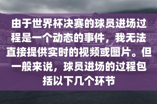由于世界杯决赛的球员进场过程是一个动态的事件，我无法直接提供实时的视频或图片。但一般来说，球员进场的过程包括以下几个环节