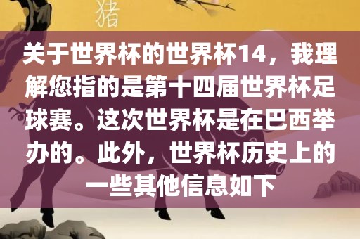 关于世界杯的世界杯14，我理解您指的是第十四届世界杯足球赛。这次世界杯是在巴西举办的。此外，世界杯历史上的一些其他信息如下漯河市盈旭机械设备有限公司