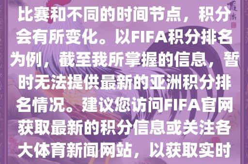 关于世界杯亚洲积分，不同的比赛和不同的时间节点，积分会有所变化。以FIFA积分排名为例，截至我所掌握的信息，暂时无法提供最新的亚洲积分排名情况。建议您访问FIFA官网获取最新的积分信息或关注各大体育新闻网站，以获取实时的世界杯亚洲积分排名。