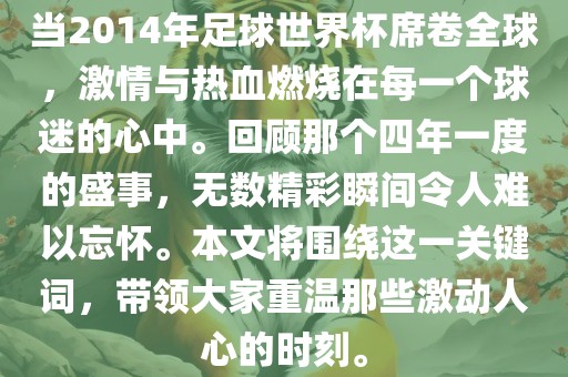 当2014年足球世界杯席卷全球，激情与热血燃烧在每一个球迷的心中。回顾那个四年一度的盛事，无数精彩瞬间令人难以忘怀。本文将围绕这一关键词，带领大家重温那些激动人心的时刻。