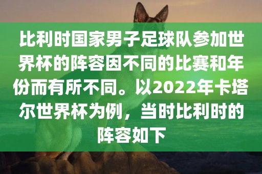 比利时国家男子足球队参加世界杯的阵容因不同的比赛和年份而有所不同。以2022年卡塔尔世界杯为例，当时比利时的阵容如下