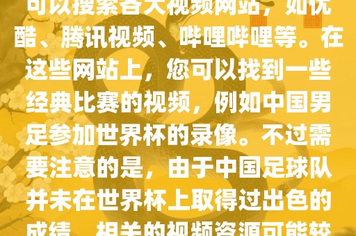 关于中国足球世界杯的视频，您可以搜索各大视频网站，如优酷、腾讯视频、哔哩哔哩等。在这些网站上，您可以找到一些经典比赛的视频，例如中国男足参加世界杯的录像。不过需要注意的是，由于中国足球队并未在世界杯上取得过出色的成绩，相关的视频资源可能较少。