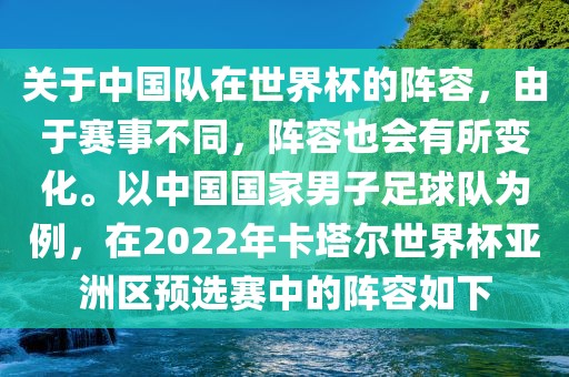 关于中国队在世界杯的阵容，由于赛事不同，阵容也会有所变化。以中国国家男子足球队为例，在2022年卡塔尔世界杯亚洲区预选赛中的阵容如下