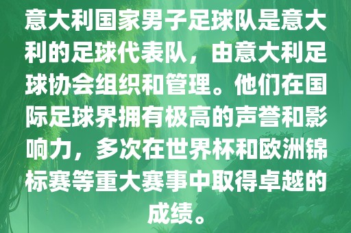 意大利国家男子足球队是意大利的足球代表队，由意大利足球协会组织和管理。他们在国际足球界拥有极高的声誉和影响力，多次在世界杯和欧洲锦标赛等重大赛事中取得卓越的成绩。