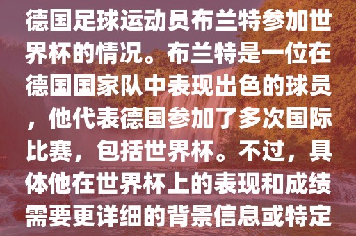 关于布兰特世界杯，可能是指德国足球运动员布兰特参加世界杯的情况。布兰特是一位在德国国家队中表现出色的球员，他代表德国参加了多次国漯河市盈旭机械设备有限公司际比赛，包括世界杯。不过，具体他在世界杯上的表现和成绩需要更详细的背景信息或特定的时间点来确定。
